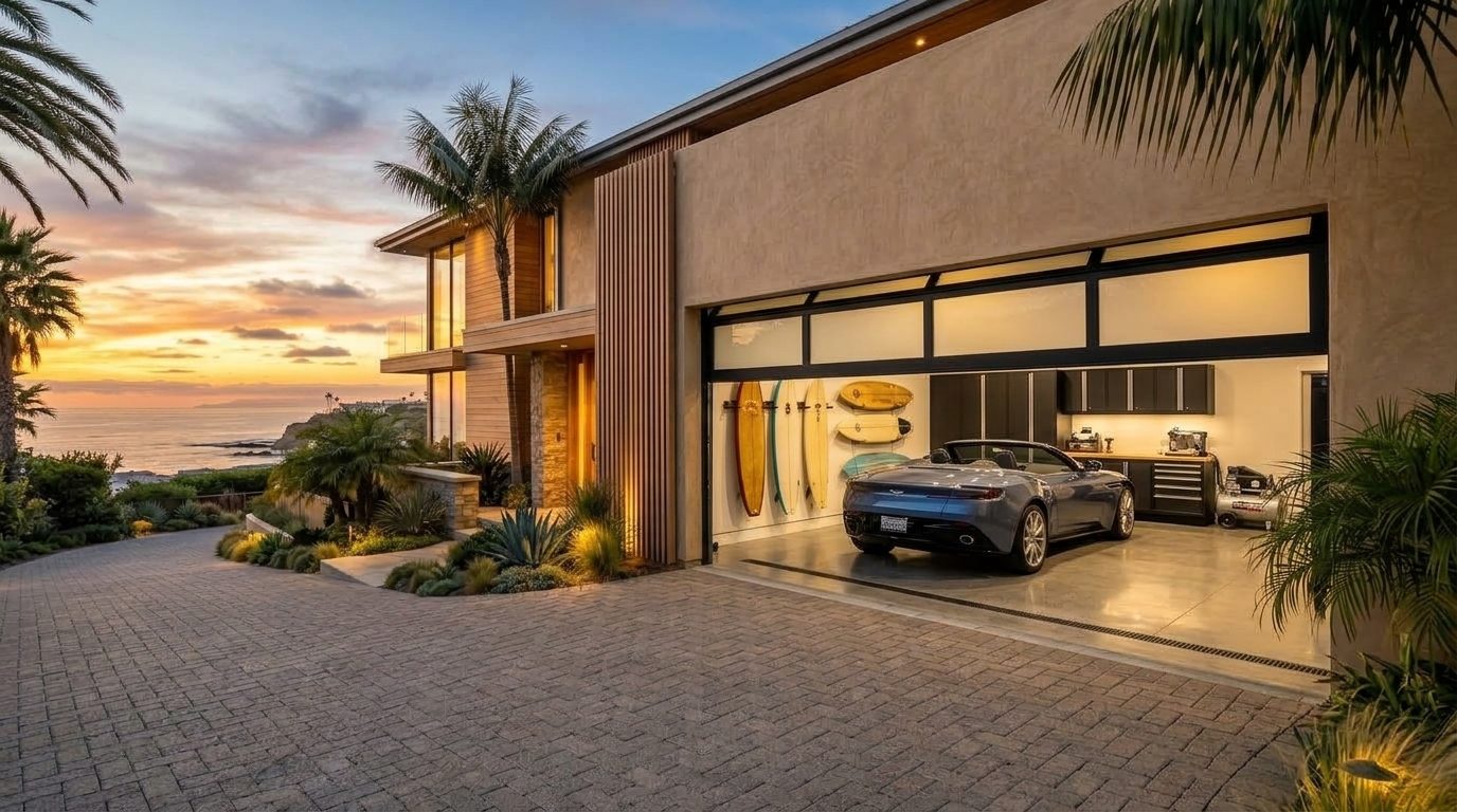 Petrie Garage Door Garage Door Gliding Open Revealing Warm Illuminated Interior